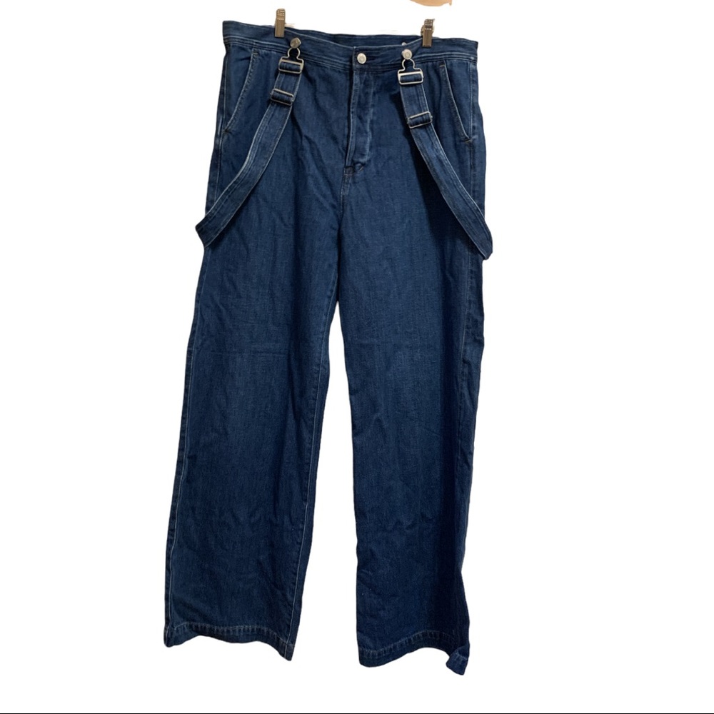 Gap wide leg button fly suspender denim pants jeans Sz 14 TG